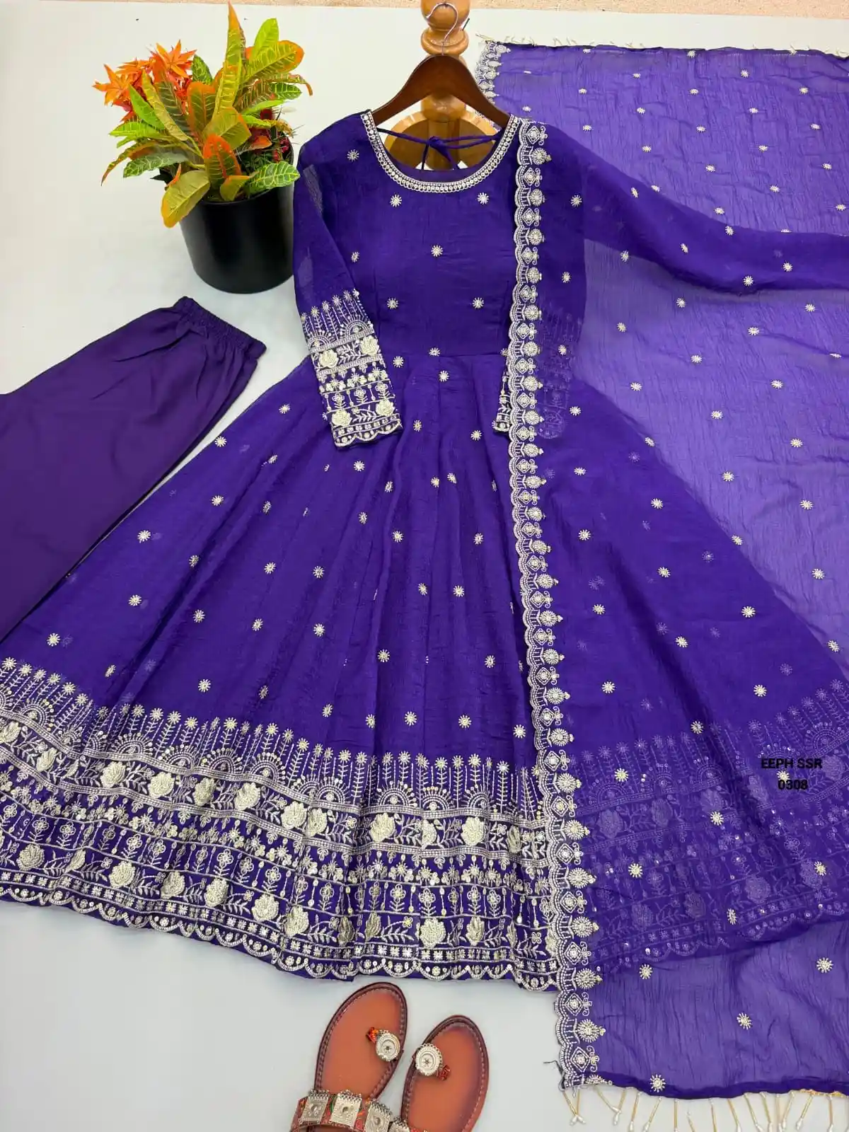 Crunchy Silk Embroidered Sequence Work Anarkali Salwar Set